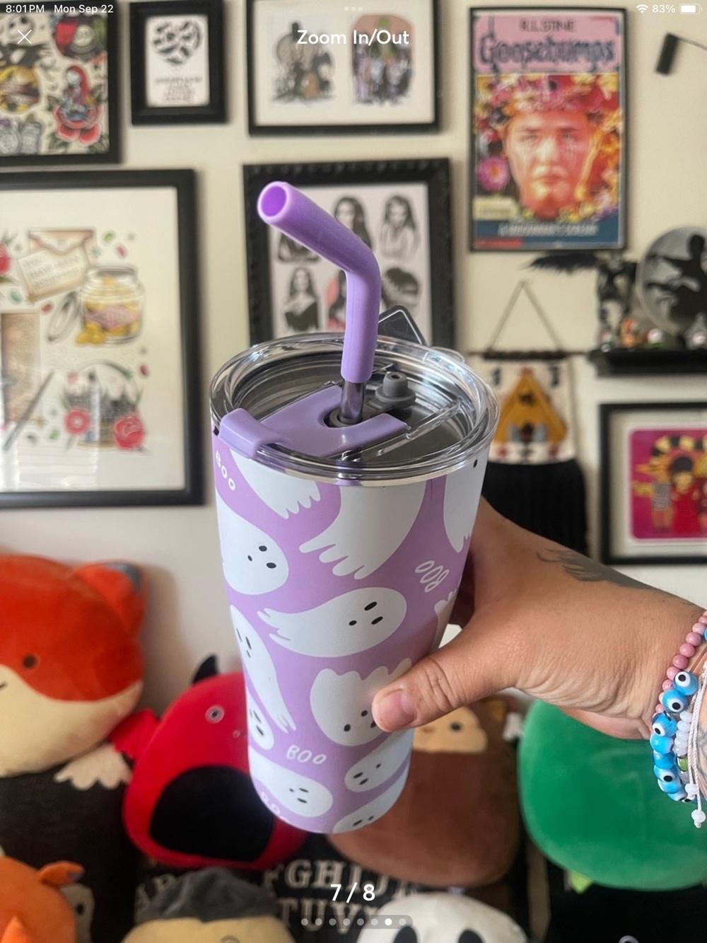 Purple Ghost Print Tumbler with Straw
